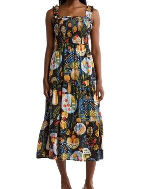Blu Pepper Black Fruit-Print Tiered Midi Dress...Size Large